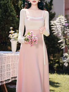 Sweet Pink Long Sleeve Knitted Sweater Dress