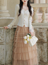 Load image into Gallery viewer, 2PS White V Neck Knitted Sweater and Swing Mesh Fairy Skirt Dress Set
