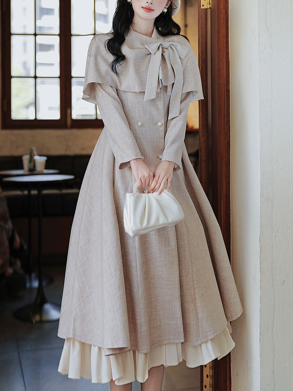 1950S Grey Bow Vintage Cape Long Dress Coat, Grey / S