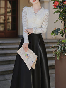 2 Piece Cardigan Top With PU Swing Skirt 1950s Vintage Outfits