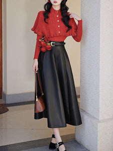 3 Piece Cardigan Top With PU Swing Skirt 1950s Vintage Outfits