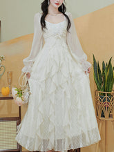 Load image into Gallery viewer, Vintage White Square Neck Butterfly Sequins  Lace Ruffle Long Sleeve Dress