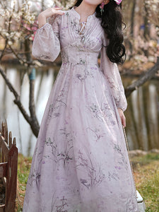 Purple Stand Collar Puff Long Sleeve Vintage Dress