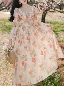 Pink Square Collar Floral Lace Ruffles Edwardian Revival Vintage Dress