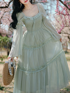 Green Square Collar Lace Ruffles Edwardian Revival Vintage Dress