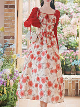 Load image into Gallery viewer, 2PS Red Rose Spaghetti Strap 1950S Vintage Dress With Long Sleeve Ruffles Cardigan