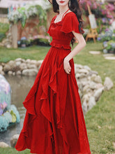 Load image into Gallery viewer, 2PS Red Rose Ruffles Spaghetti Strap Top and High Waist Swing Dress Set