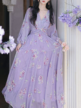 Load image into Gallery viewer, Purple Floral Print V Neck Long Sleeve Vintage Dress