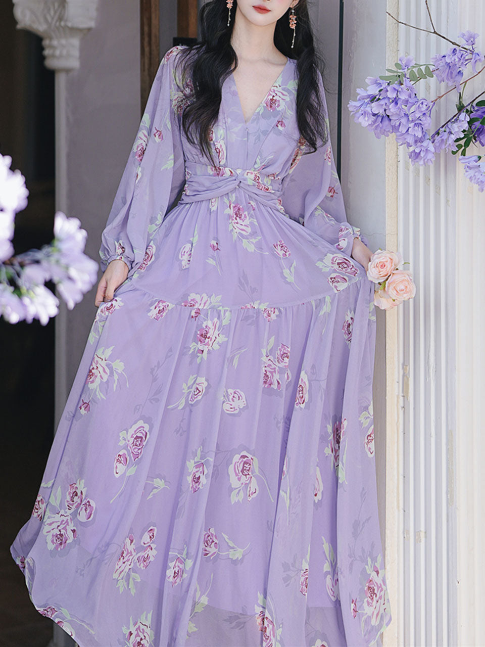 Purple Floral Print V Neck Long Sleeve Vintage Dress