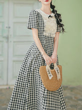 Load image into Gallery viewer, Black and White Plaid Lace Peter Pan Collar 1950s Vintage Dress