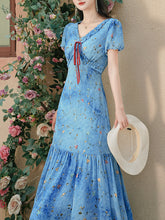 Load image into Gallery viewer, Blue Starry Night Sky Tie Dye V Neck Puff Sleeve Vintage Dress