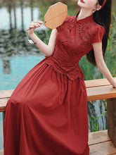 Load image into Gallery viewer, Red Cheongsam Cap Sleeve Lace Vintage Dress