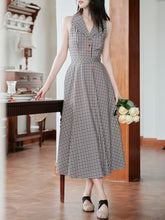 Load image into Gallery viewer, Grey V Neck Plaid Vintage Dress