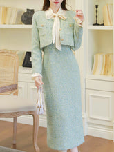 Load image into Gallery viewer, Vintage 1940s Mint Green Tweed Skirt Suit Set Bow Collar &amp; Matching Jacket