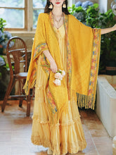 Load image into Gallery viewer, 2PS Yellow Bohemian Maxi Dress Set with Detachable Cardigan