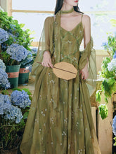 Load image into Gallery viewer, 2PS Moss Green Floral Chiffon Maxi Dress with Matching Cardigan