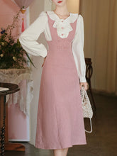 Load image into Gallery viewer, Pink Tweed Fake Two-Piece Dress with Ruffle Collar Vintage Dress