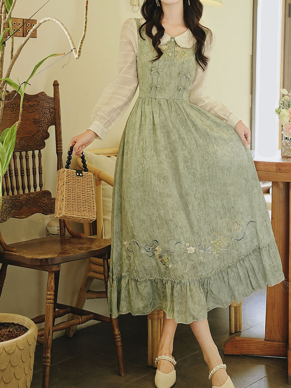 Green Peter Pan Collar Luxurious Embroidered Long Sleeve Vintage Dress Pink / L Green Peter Pan Collar Luxurious Embroidered Long Sleeve Vintage Dress Pink / L