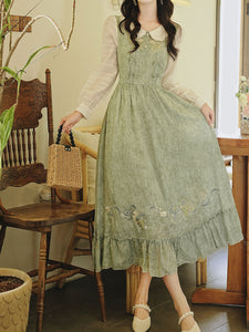Green Peter Pan Collar  Luxurious Embroidered Long Sleeve Vintage Dress