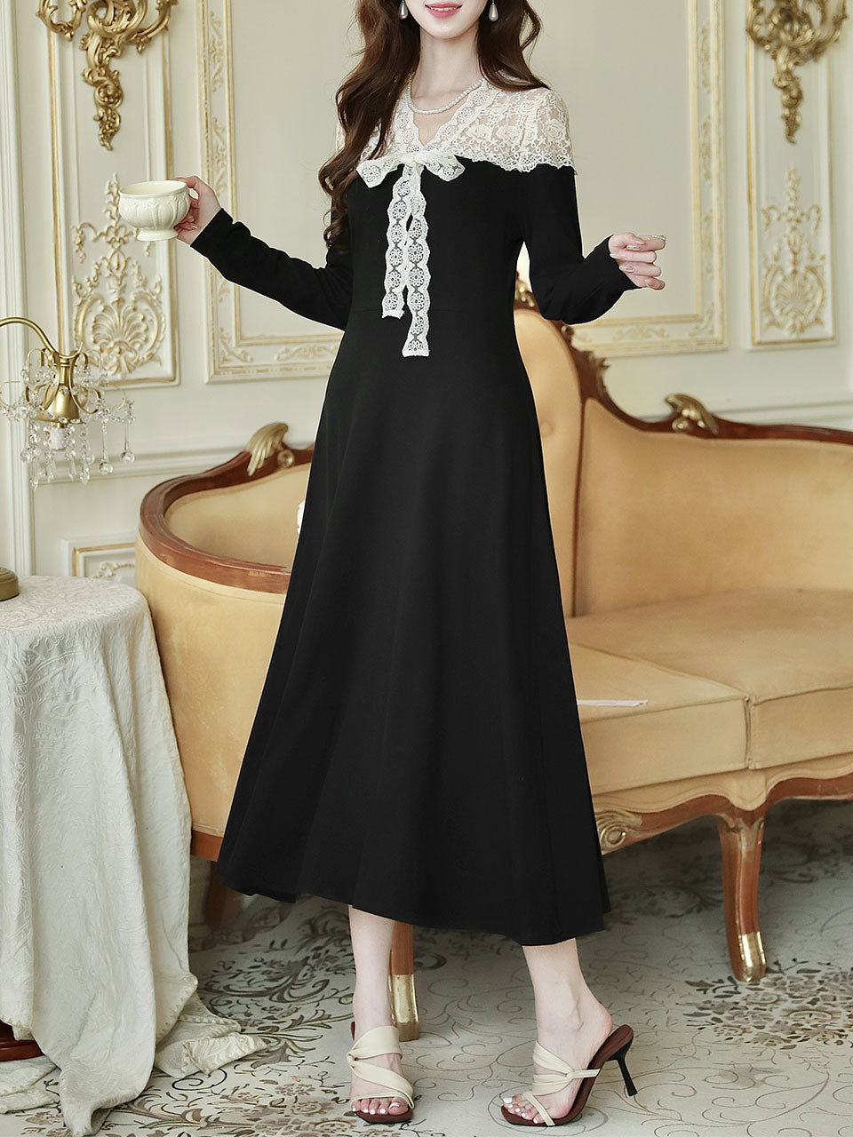 Classic White Lace Audrey Hepburn Style Black Dress