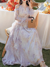 Load image into Gallery viewer, Vintage 1970s Floral Print Lavender Chiffon Ruffled Off-Shoulder Long Sleeve Maxi Dress