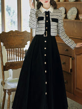 Load image into Gallery viewer, Black Tweed Fake Two-Piece Long Sleeve Vintage Dress
