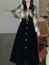 Load image into Gallery viewer, Black Plaid Tweed Fake Two-Piece Long Sleeve Vintage Dress