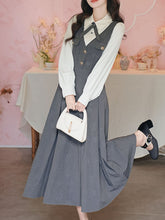 Load image into Gallery viewer, Grey Classic Shirt with Bow Tie and Gray V-Neck Rose Flower Jumper Fake Two-Piece Dress