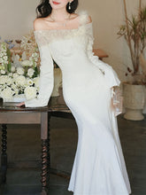 Load image into Gallery viewer, White Lace Ruffle Sleeve Sequined Fishtail Wedding Dress