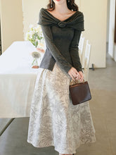 Load image into Gallery viewer, Gray Off Shoulder Slit Knit Top and Floral Jacquard Maxi Skirt Set