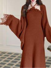 Load image into Gallery viewer, Vintage 1950s Green Knit Handmade Rose Collar Halter Dress Set Matching Shawl