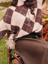 Load image into Gallery viewer, 2PS Vintage Brown and White Argyle Sweater and Brown Swing Skirt Vintage Audrey Hepburn&#39;s Style Outfits