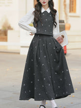 Load image into Gallery viewer, 3PS Preppy Set White Button-Down Shirt with Grey Woollen Sleeveless Vest and Swing Skirt