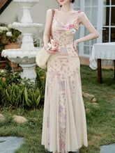 Load image into Gallery viewer, Pink Floral Print Spaghetti Strap Fishtail Flared Vintage Maxi Dress