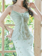 Load image into Gallery viewer, 2PS Green Floral Printed Spaghetti Strap Vintage Dress With Cardigan Suit