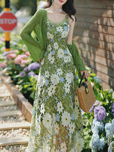 Load image into Gallery viewer, 2PS Green Floral Lace Dress with Green Knit Mesh Cardigan