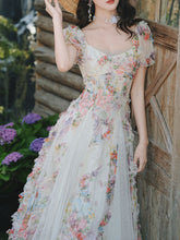 Load image into Gallery viewer, Printed Tulle Puff Sleeve Ruffled Hem Princess Party Dress for Girls Women