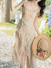 Load image into Gallery viewer, 2PS Apricot Floral Printed Spaghetti Strap High-low Ruffled Hem Vintage Dress With Cardigan Suit