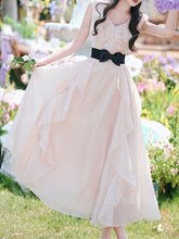 Load image into Gallery viewer, Pink Flowy Ruffle V-Neck Dress with Black Bow Belt