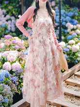 Load image into Gallery viewer, 2PS Pink Ruffles Floral Printed Spaghetti Strap Vintage Dress With Cardigan Suit