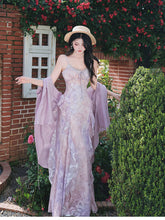 Load image into Gallery viewer, 2PS Purple Ruffles Floral Printed Spaghetti Strap Vintage Dress With Cardigan Suit