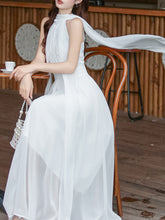Load image into Gallery viewer, Audrey Hepburn style White Halter Neck Muse Maxi Dress with Long Flowing Scarf