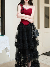 Load image into Gallery viewer, Gothic Red Corset Tiered Tulle Maxi Dress  Rose Asymmetric Ruffle Dark Romantic Party Gown