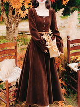 Load image into Gallery viewer, Vintage Brown Velvet Square Neck Puff Sleeve Button-Down Midi Dress
