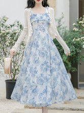 Load image into Gallery viewer, 2PS Blue Rose Spaghetti Strap 1950S Vintage Dress With Long Sleeve Cardigan