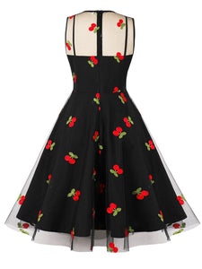 1950S Lace Semi-Sheer Cherry Flocking Printing Vintage Dress