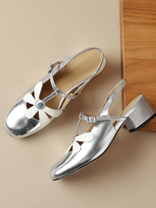 Women's  Round Toe Daisy Chunky Heel Sandals Leather Vintage Shoes