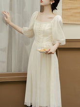 Load image into Gallery viewer, Apricot Lace Square Neck Beaded Retro Dress with Lantern Sleeves