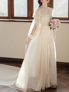 Apricot Lace Lantern Sleeves Romantic Wedding Dress with Tail Inspired By Sleeping Beauty