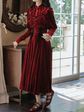 Load image into Gallery viewer, 2PS Wine Red Ruffles Velvet Shirt and Strap Dress Suit